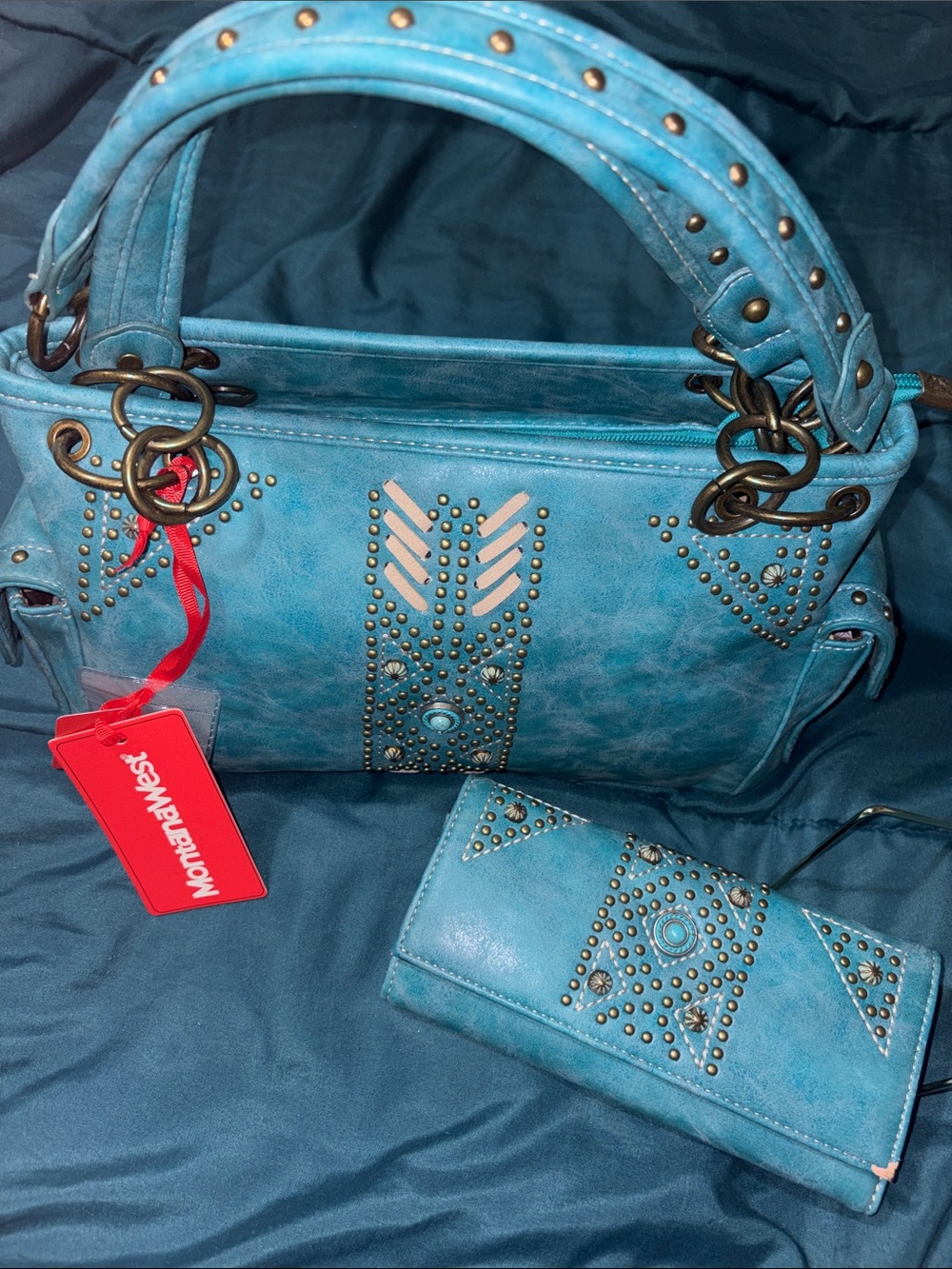 NWT - Montana West Turquoise Studded Satchel with Matching Wallet